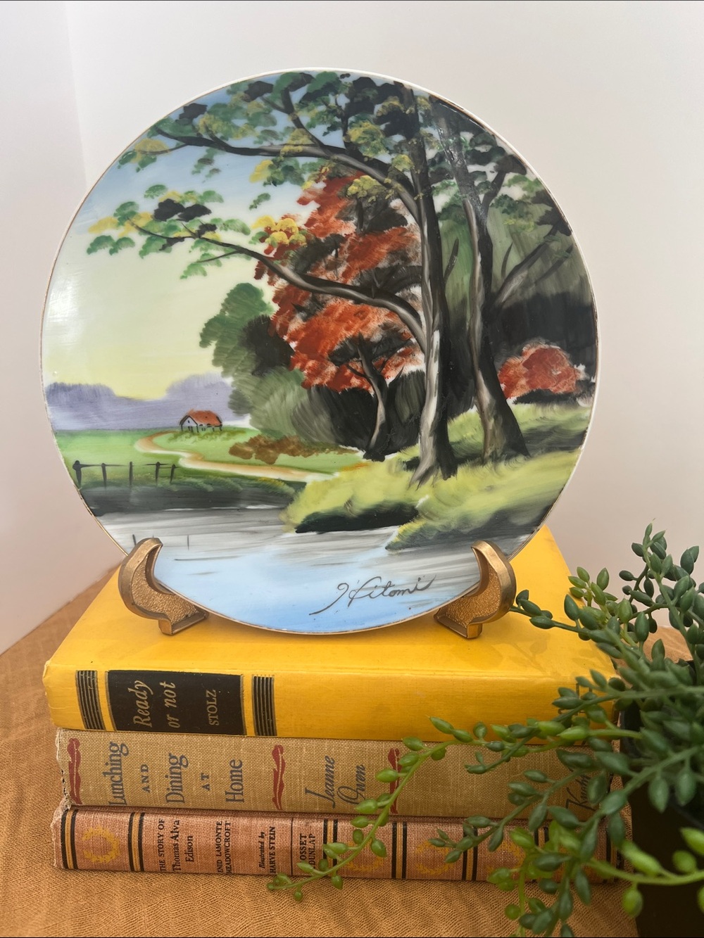 Signed Hitomi Hand-Painted Scenic Decorative Plate - made in Japan